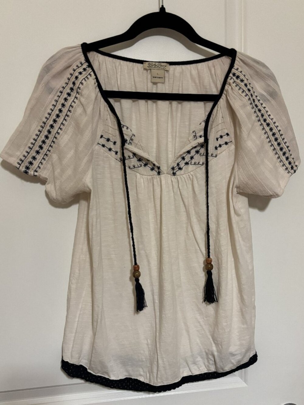 Lucky Brand Beige and Dark Blue Embroidered Blouse